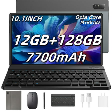 Headwolf Android Tablet with Keyboard, Octa Core 12GB RAM +128GB ROM 2 in 1 10 inch Tablet with Case Mouse Stylus, 7700mAh Battery, 16MP Camera, Wifi Tablet Gray