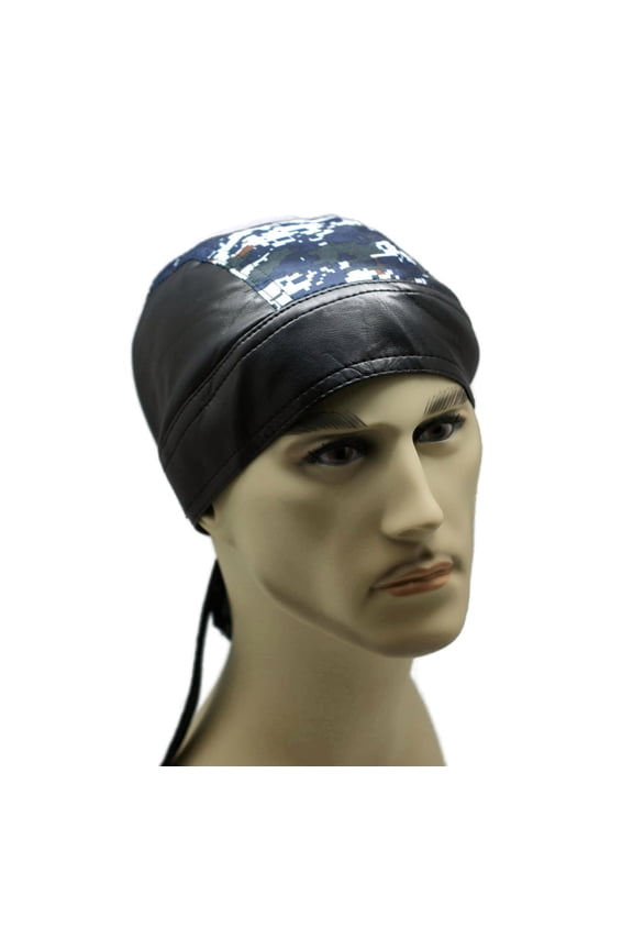Headwrap Cotton Leather Like Du-Rag Doo Rag Digital Blue Camo