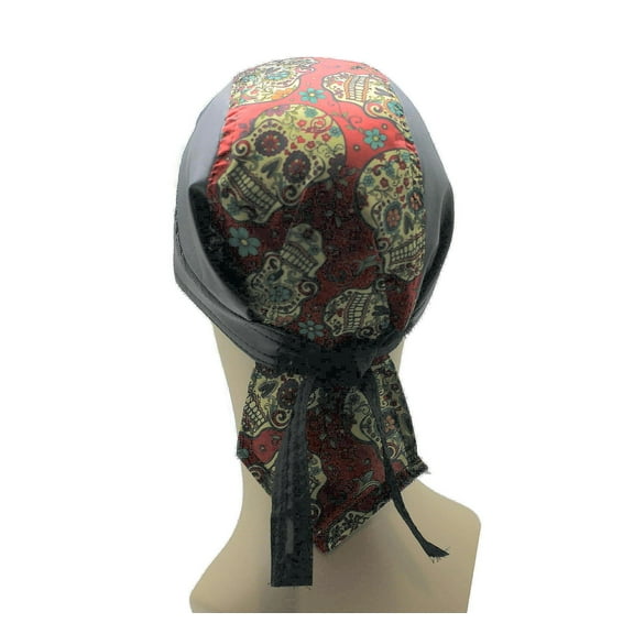 Headwrap Cotton Leather Like Du-Rag Doo Rag Red Paisley Skulls