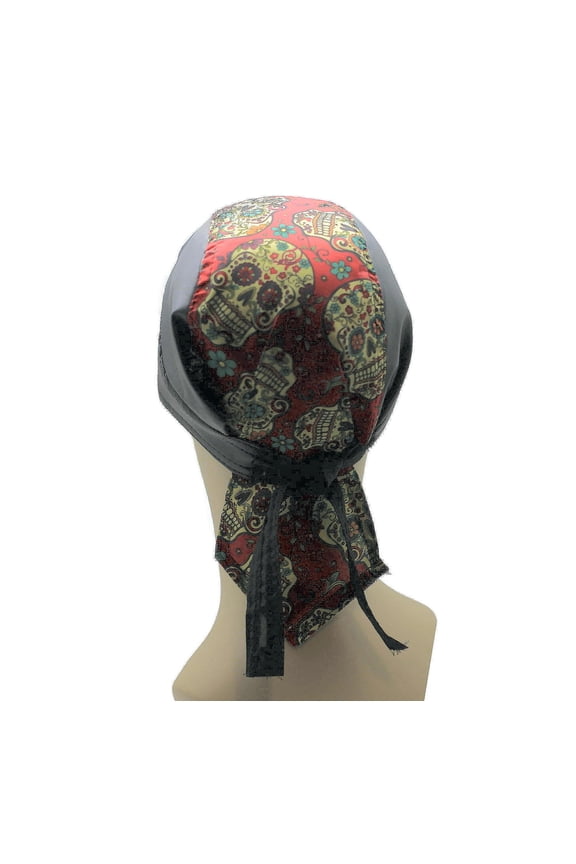 Headwrap Cotton Leather Like Du-Rag Doo Rag Red Paisley Skulls