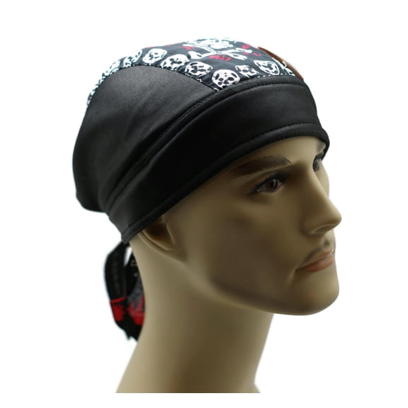 Headwrap Cotton Leather Like Du-Rag Doo Rag White Skulls - Red