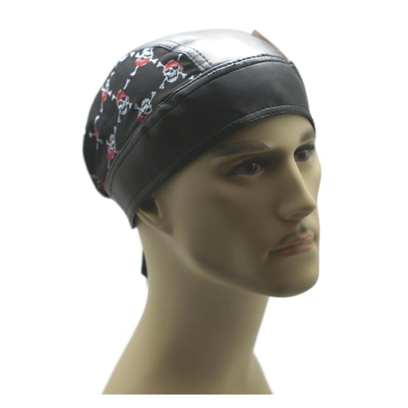 Headwrap Cotton w/ Leather Like Du-Rag Doo Rag Pirate Skulls