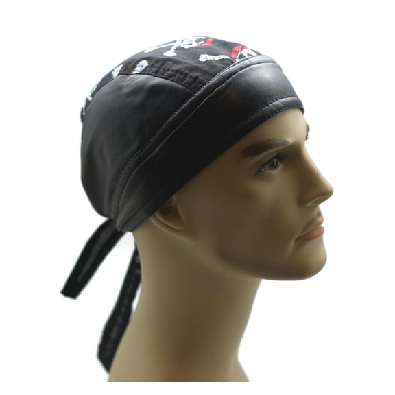 Headwrap Cotton with Leather Like Du-Rag Doo Rag Pirate Skulls