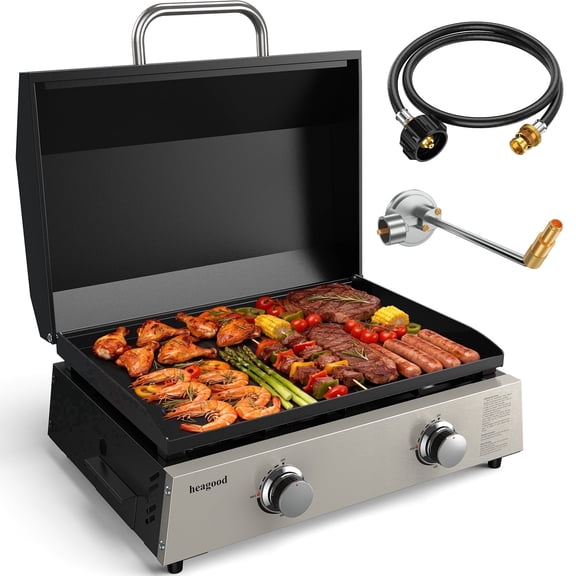 Heagood 22" 2-Burner Portable Gas Griddle with Hard Hood & Dual Regulators, 24000 BTU Carbon Steel Tabletop Flat Top Grill for Outdoor BBQ, 354 Sq. In.