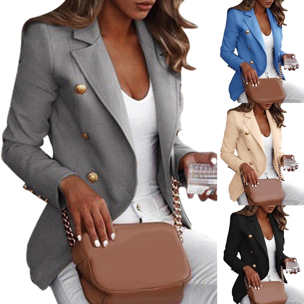 Heajfvd Office Women Solid Color Long Sleeve Blazer Button Decor Lapel ...