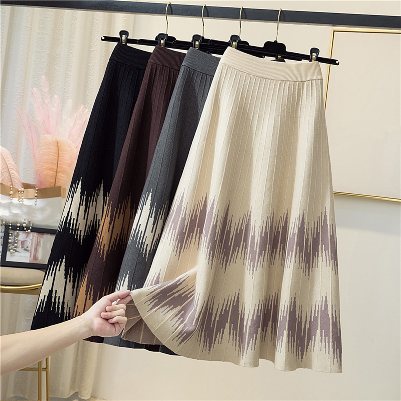 New High Waist Women Casual Knitted Midi Skirts Elastic Waist Elegant A Line Long Skirts
