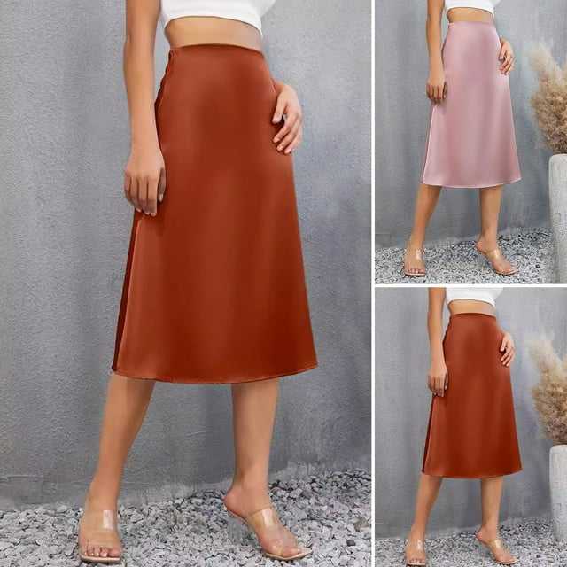 Heajfvd Women Midi Skirt Mid-rise Solid Color Smooth Satin Skirt French Style Work Party Wedding Drape A-Line Commuting Skirt