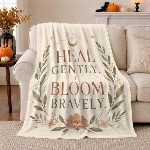 Heal Gently Bloom Bravely Healing Garden Botanical Scene, Cozy Friendship Quote Scene, Warm Flannel Blanket for Living Room and Reading Nook, Art Lovers Appreciation Gift, Artistic Home Decor