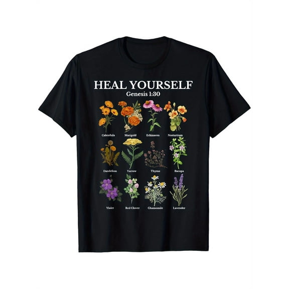 Heal Yourself Plant Herbology Botanical Natural Medicine T-Shirt Perfect Summer Printed Casual 180g Fabric Weight 100% Cotton S-XXXL Casual Tees For Men, Casual and Stylish Gift Idea T-shirt