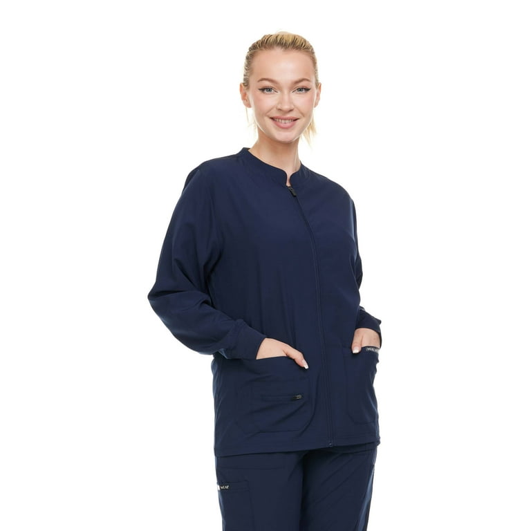 Heal + Wear Women Scrubs Jacket Long Sleeve Female Medical with Pockets 4  Way Stretch Navy Size x-Large