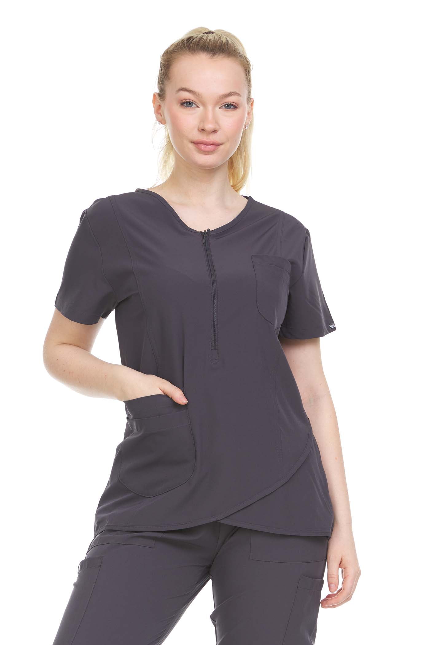 Heal + Wear Women Scrubs Top VNeck Short Sleeve Female Medical w Pockets Stretch Pewter Size