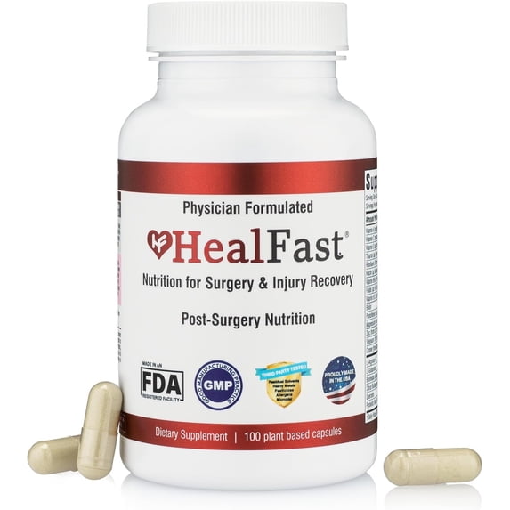 HealFast Surgery & Injury Recovery Supplement (Post-Op) - Supports Healing Optimization for Surgery, Wounds, Scar Treatment & Bruising w/Amino Acids, Vitamins, Probiotics - 100 Capsules