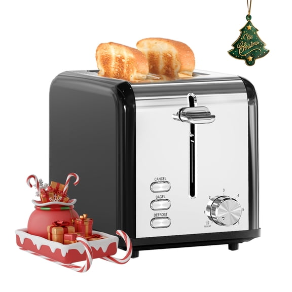 HealSmart 2-Slice Stainless Steel Toaster, 6 Browning Setting and 3 Function Toaster, Extra Wide Slot & Removable Crumb Tray, for Bread & Waffle, Black Y101