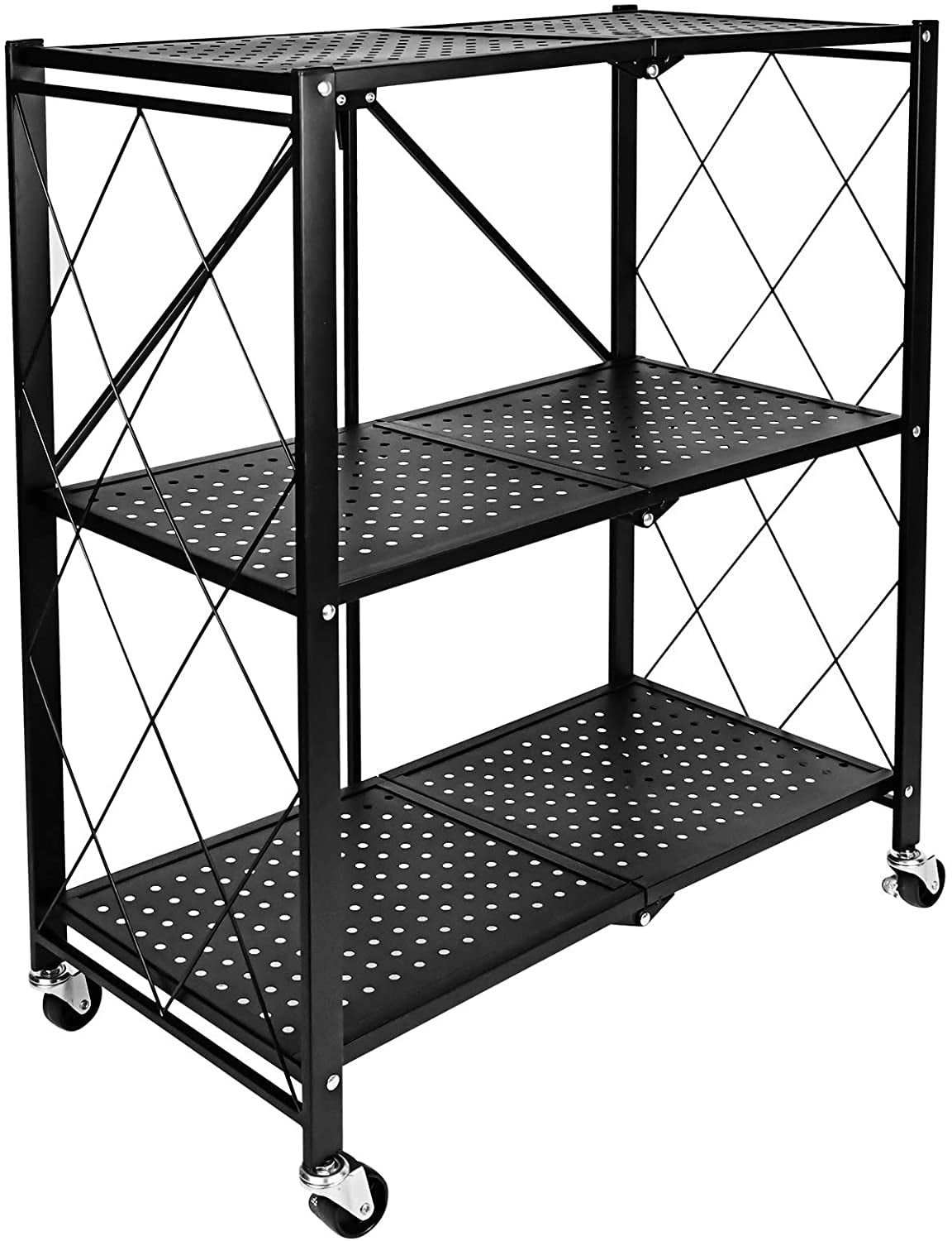 HealSmart 3-Tier Heavy Duty Foldable Metal Rack Storage Shelving Unit with Wheels, Up to 750 lbs Capacity, Black