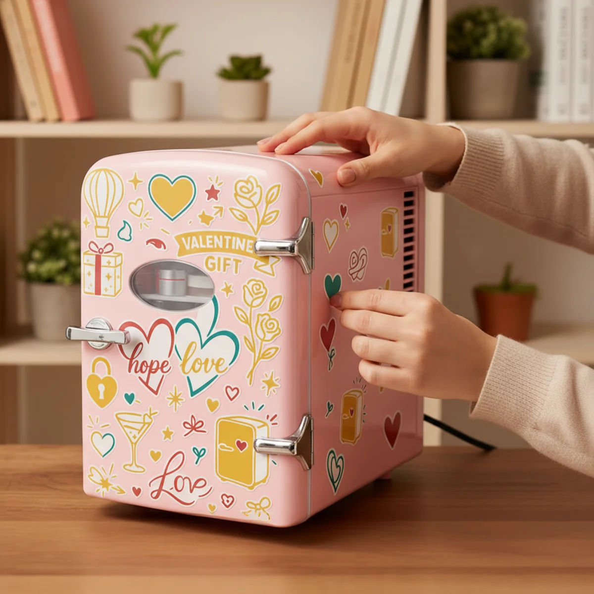 HealSmart 4L/6 Can Mini Fridge - Portable Cooler & Warmer with Window, Freon-Free Aesthetic Fridge for Skincare/Beverage, Pink with Love Stickers
