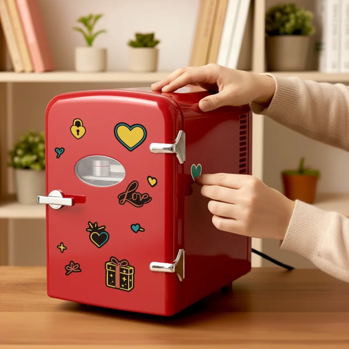 HealSmart 4L/6 Can Mini Fridge - Portable Cooler & Warmer with Window, Freon-Free Aesthetic Fridge for Skincare/Beverage, Red with Cute Stickers