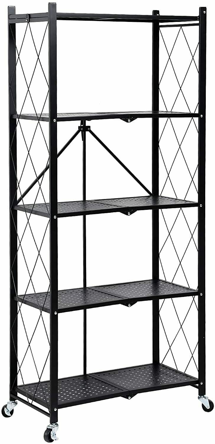 Muichi Folding Shelf 5-Tier, Foldable Shelves with Wheels, Heavy Duty  Shelving Unit, Sturdy Metal Shelf Storage Organizer Rack for Kitchen,  Garage