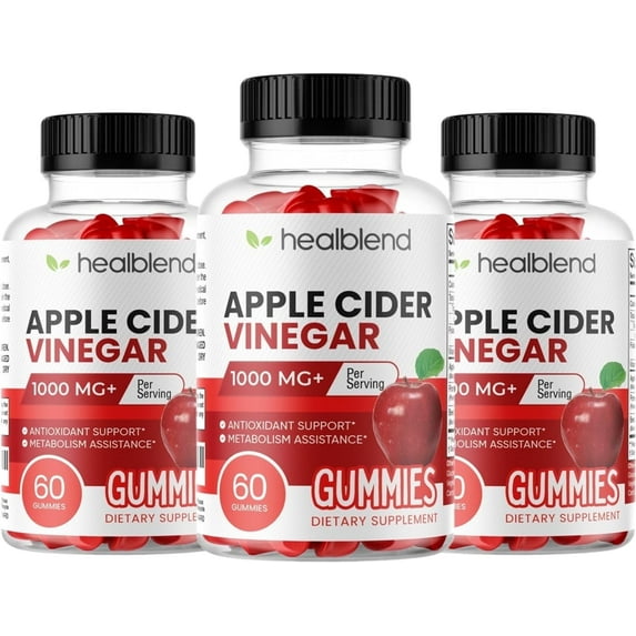 Healblend Apple Cider Vinegar Gummies - ACV 1000mg Advanced Weight Loss, Metabolism Booster, Antioxidant Support Supplement with Vitamin B12, for Women & Men 3-Pack