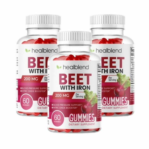 Healblend Beet Root Gummies 200mg - Nitric Oxide Booster Beets with Iron for Heart Health, Circulation & Healthy Blood Pressure Support, Natural Flavored - 60 Gummy 3-Pack