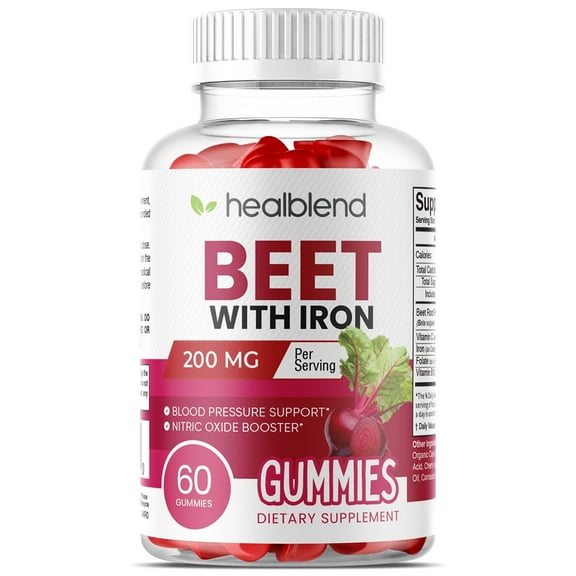 Healblend Beet Root Gummies 200mg - Nitric Oxide Booster Beets with Iron for Heart Health, Circulation & Healthy Blood Pressure Support, Natural Flavored - 60 Gummy