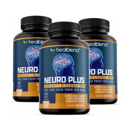 Healblend Neuro Plus Focus Booster - Advanced Brain Support Supplement with Vitamin B6, B12, Folate - Improves Memory, Concentration, Mental Clarity & Cognitive Function – 120 Capsules (3 Pack)