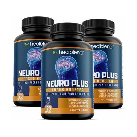 Healblend Neuro Plus Focus Booster - Advanced Brain Support Supplement with Vitamin B6, B12, Folate - Improves Memory, Concentration, Mental Clarity & Cognitive Function – 120 Capsules (3 Pack)