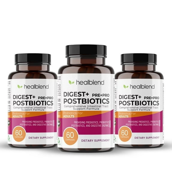 Healblend Digest+ Prebiotic + Probiotic Supplement - Support Digestive Enzymes, Gut Health & Bloating Relief for Women & Men, Vegan, Non-GMO, Gluten Free - 3-Pack