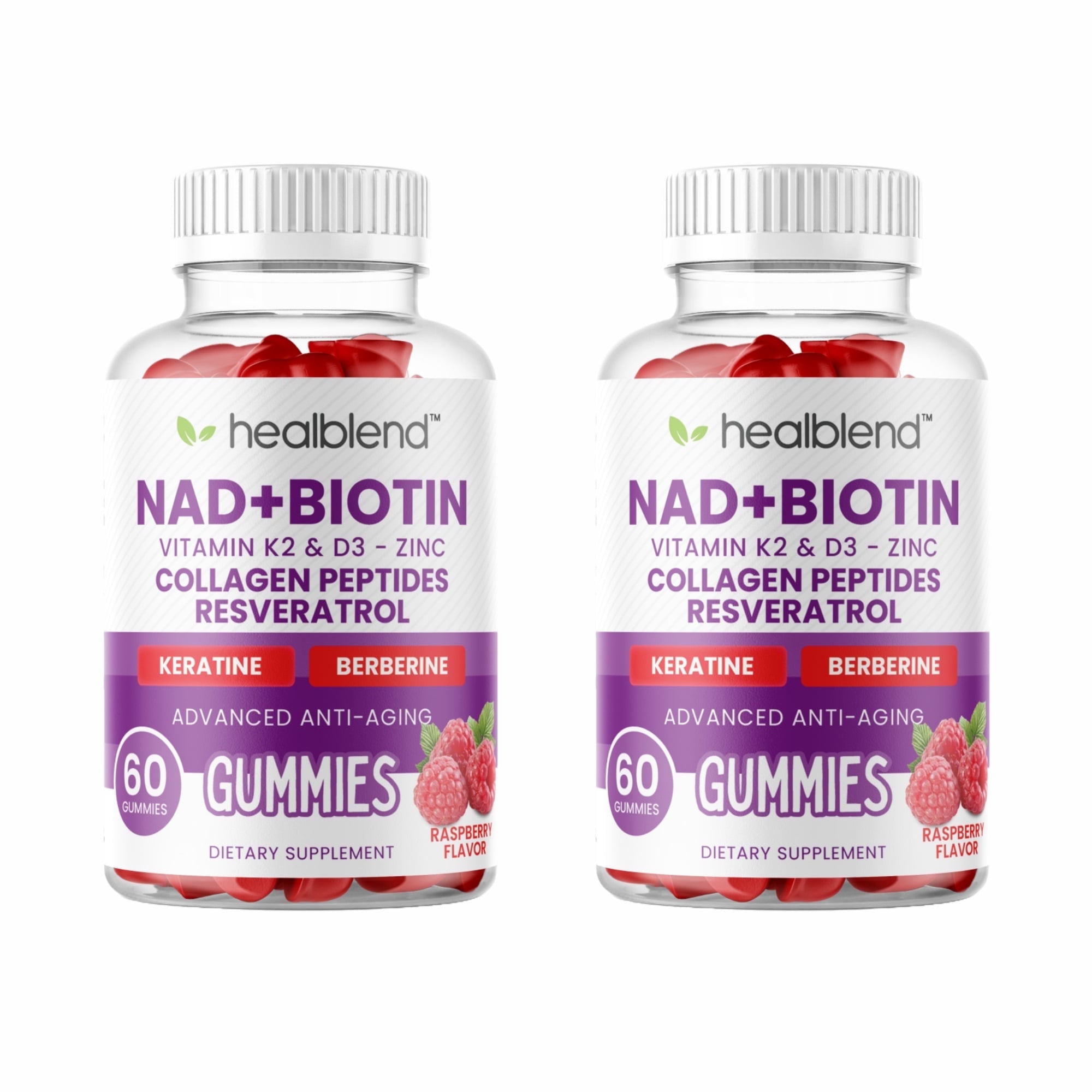 Healblend NAD+ Biotin Gummies – Collagen Peptides, Resveratrol, Keratin & Berberine – Anti-Aging Hair, Skin & Nail Support – Vitamin K2 & D3, Zinc – Raspberry Flavor – 60 Gummies (2-Pack)