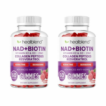 Healblend NAD  Biotin Gummies – Collagen Peptides, Resveratrol, Keratin & Berberine – Anti-Aging Hair, Skin & Nail Support – Vitamin K2 & D3, Zinc – Raspberry Flavor – 60 Gummies (2-Pack)