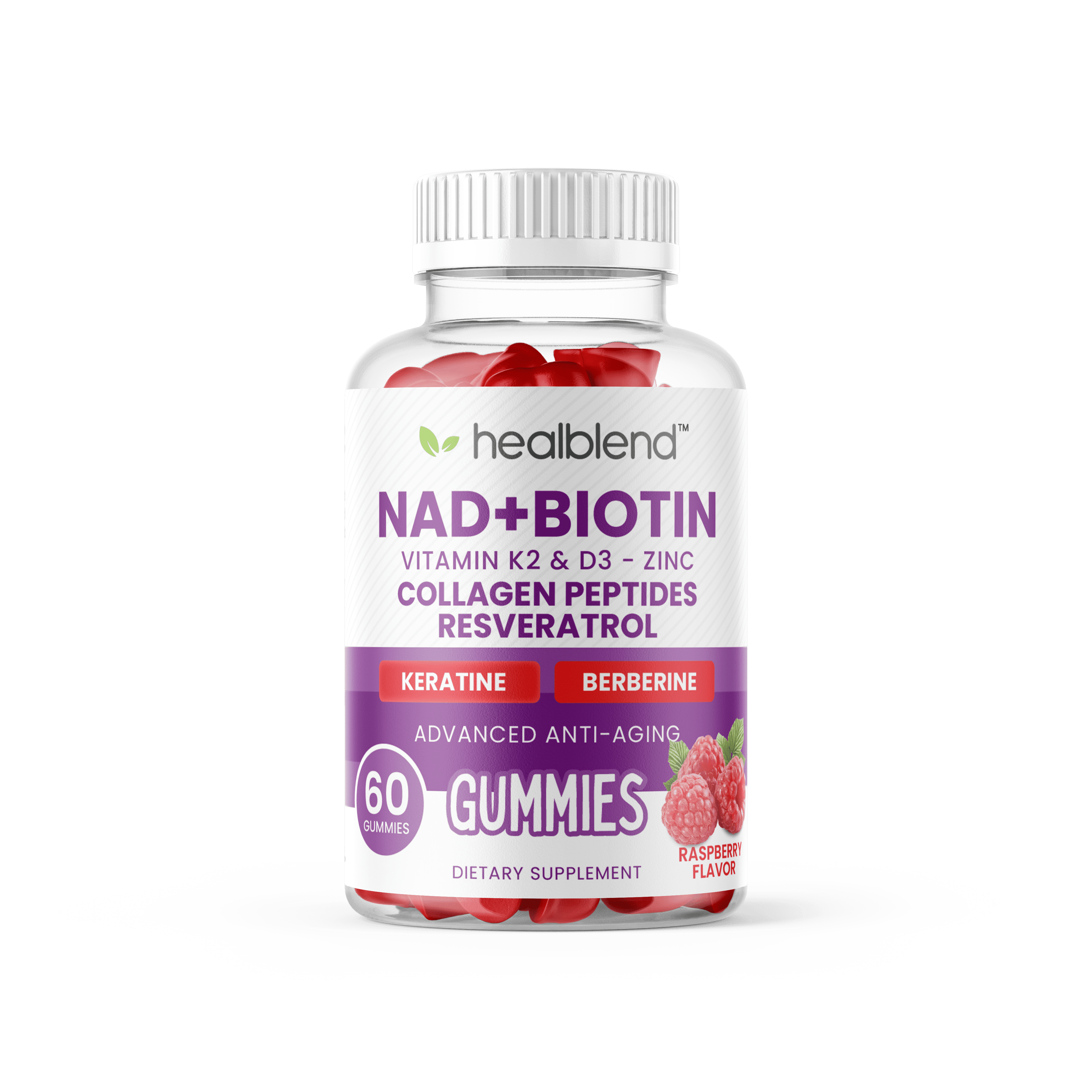 Healblend NAD+ Biotin Gummies – Collagen Peptides, Resveratrol, Keratin & Berberine – Anti-Aging Hair, Skin & Nail Support – Vitamin K2 & D3, Zinc – Raspberry Flavor – 60 Gummies