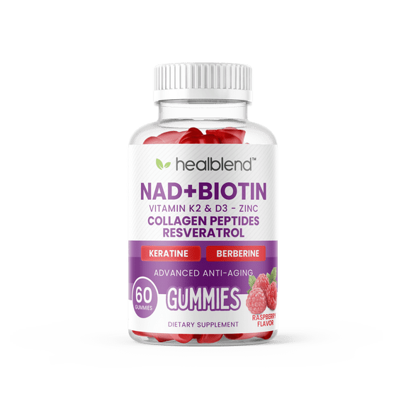 Healblend NAD+ Biotin Gummies – Collagen Peptides, Resveratrol, Keratin & Berberine – Anti-Aging Hair, Skin & Nail Support – Vitamin K2 & D3, Zinc – Raspberry Flavor – 60 Gummies