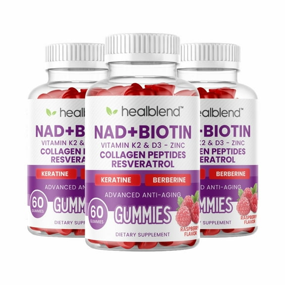 Healblend NAD+ Biotin Gummies  Collagen Peptides, Resveratrol, Keratin & Berberine  Anti-Aging Hair, Skin & Nail Support  Vitamin K2 & D3, Zinc  Raspberry Flavor  60 Gummies (3-Pack)