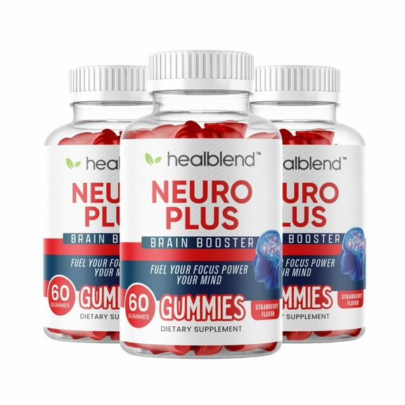Healblend Neuro Plus Brain Booster Gummies Focus, Memory & Clarity Support with Vitamin B12, Folate, B6, Phosphatidylserine Strawberry Flavor 60 Gummies (3-Pack)