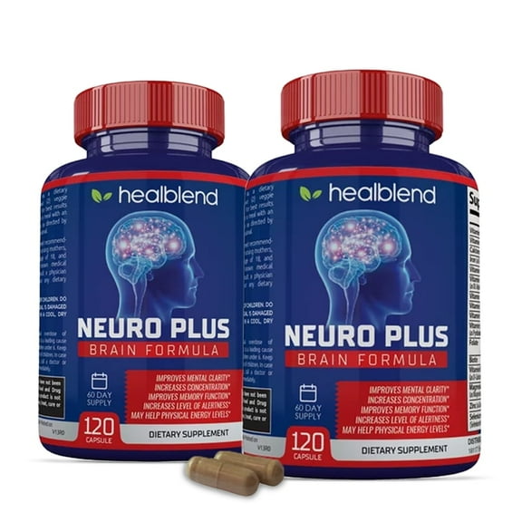 Healblend Neuro Plus Brain Booster Supplements - Improving Cognitive Function, Brain & Focus Formula, Supports Memory, Concentration & Mental Clarity - 2-Pack
