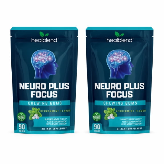 Healblend Neuro Plus Focus Chewing Gum, Peppermint Flavor, Nootropic Energy & Clarity Support, 90 Pieces (2-Pack)