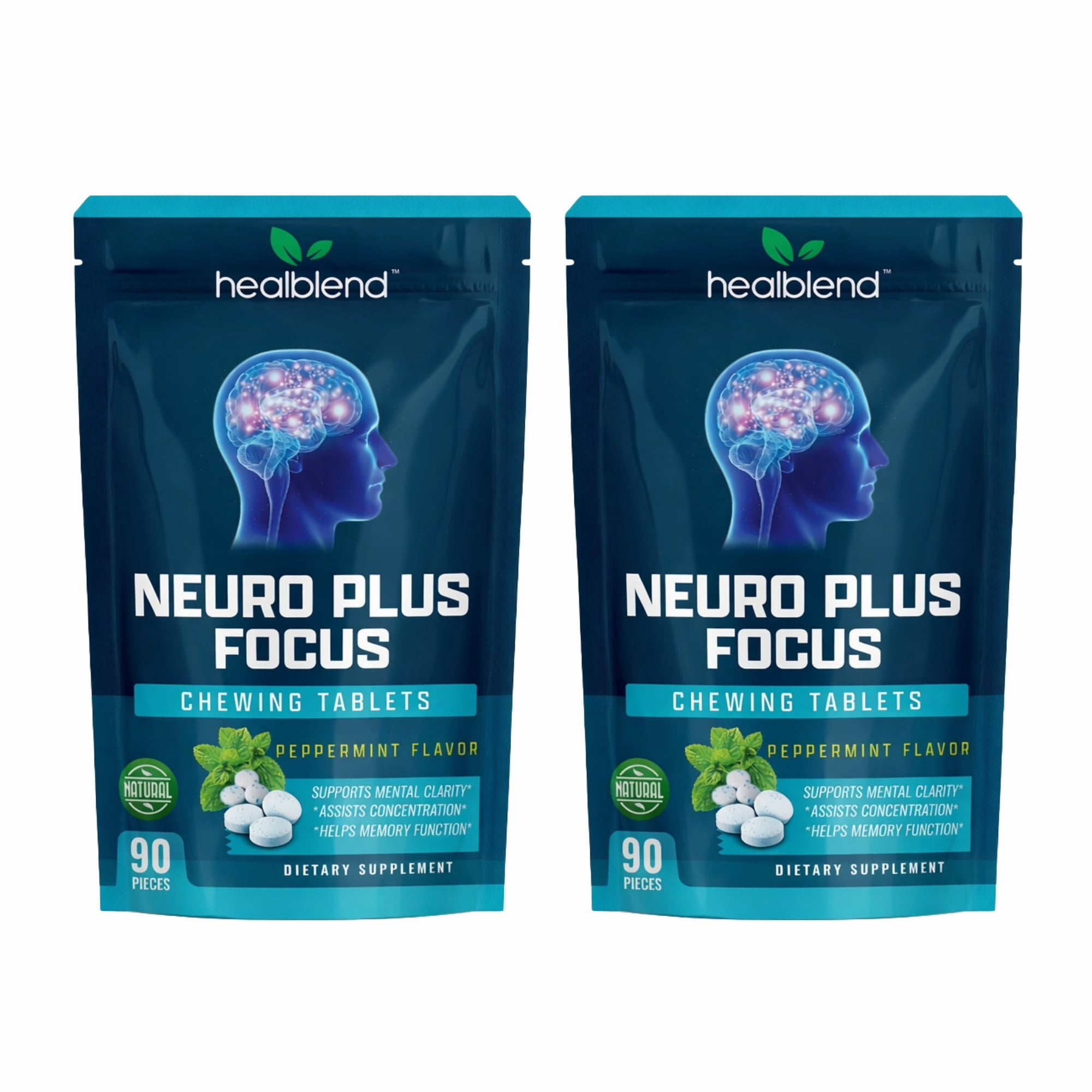 Healblend Neuro Plus Focus Chewing Tablet - Peppermint Flavor - Nootropic Energy Tablet with Caffeine, L-Theanine, Rhodiola - Supports Memory, Mental Clarity & Concentration - 90 Pieces (2 Pack)