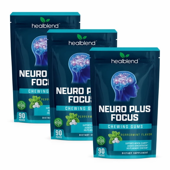 Healblend Neuro Plus Focus Chewing Gum, Peppermint Flavor, Nootropic Energy & Clarity Support, 90 Pieces (3-Pack)