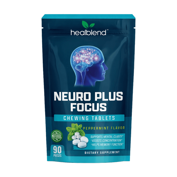 Healblend Neuro Plus Focus Chewing Tablet - Peppermint Flavor - Nootropic Energy Tablet with Caffeine, L-Theanine, Rhodiola - Supports Memory, Mental Clarity & Concentration - 90 Pieces