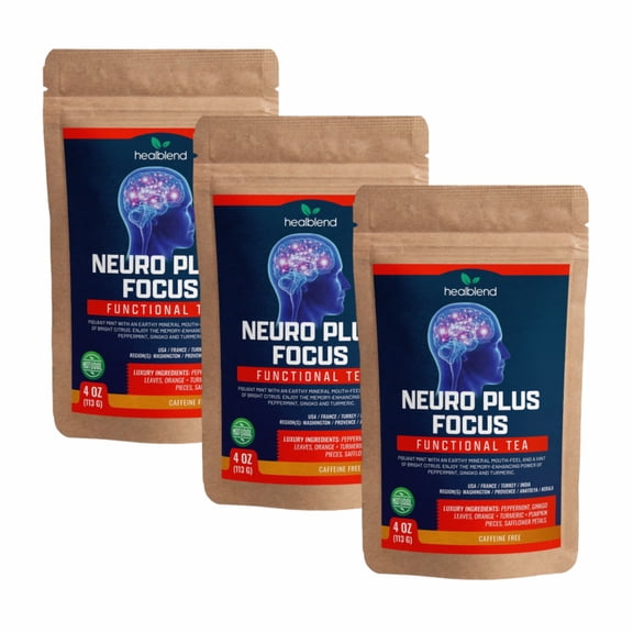 Healblend Neuro Plus Focus Herbal Tea - Natural Brain Support with Ginkgo, Peppermint & Turmeric – Caffeine-Free Loose-Leaf Blend - 4oz (3-Pack)