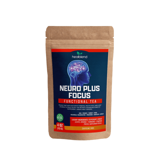 Healblend Neuro Plus Focus Herbal Tea - Natural Brain Support with Ginkgo, Peppermint & Turmeric – Caffeine-Free Loose-Leaf Blend - 4oz
