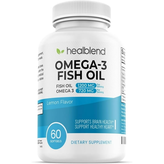Healblend Omega 3 Fish Oil Supplements - Supports Weight Gain, Brain, Heart Health, Strengthen Joints, & Nervous Cognitive System, with EPA & DHA - High Potency, Lemon Flavor - 60 Soft Gels