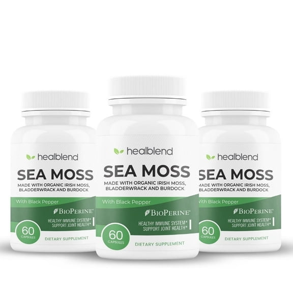 Healblend Organic Irish Sea Moss Capsules - Bladderwrack, Burdock Root & BioPerine Energy Support, Immunity, Gut & Joint Health, Seamoss Supplement - 3-Pack