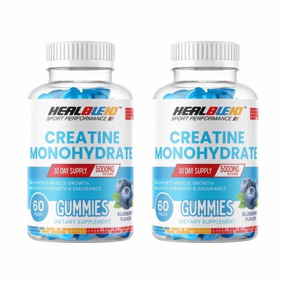 Healblend Sport Performance Creatine Monohydrate Gummies, Muscle Growth, Strength & Endurance Support Blueberry Flavor, 5000mg, 60 Count (2 Pack)