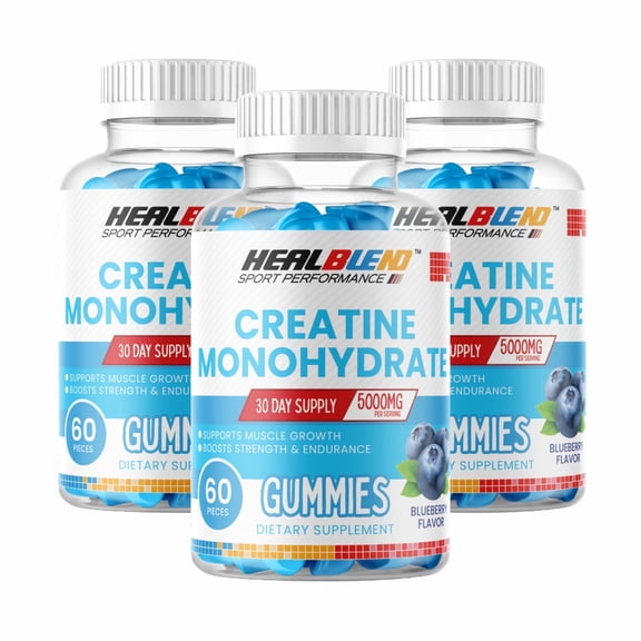 Healblend Sport Performance Creatine Monohydrate Gummies, Muscle Growth, Strength & Endurance Support Blueberry Flavor, 5000mg, 60 Count (3 Pack)