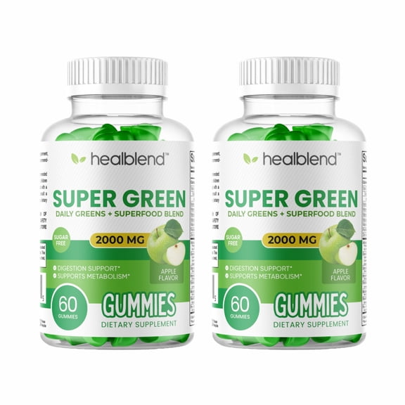 Healblend Super Green Gummies, 2000mg Daily Superfood Blend, Immune, Digestion & Metabolism Support - Apple Flavor, 60 Gummies (2 Pack)