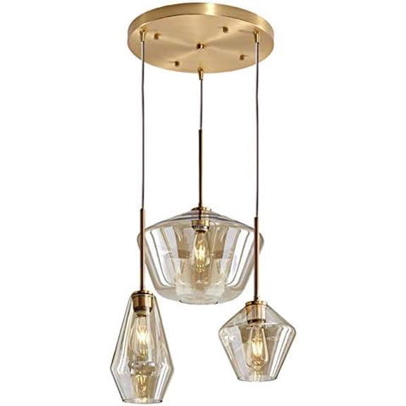 Healer Pendant Lighting Hanging Lamp for Kitchen Island Flush Mount, Modern Gold Chandelier Ceiling Light Fixture with 3 Amber Glass Lampshade for Dining Room Living Room Hotel
