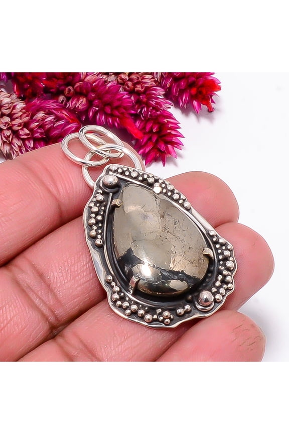 Healer'S Gold Pyrite In Magnetite Oxidised Designer 925 Sterling Silver Pendant 1.95" Sku47, Black & Gold Pendant, Natural Gemstone Pendant
