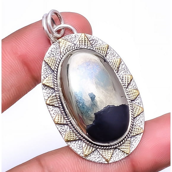 Healer'S Gold Pyrite In Magnetite - Usa 925 Silver Bali Pendant 1.95" P91735123