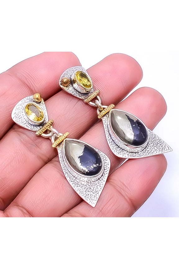 Healer'S Gold Pyrite In Magnetite - Usa 925 Sterling Silver Earring 1.75" E4, Gemstone Silver Jewelry, New Year Sale, Valentin's Day Gift