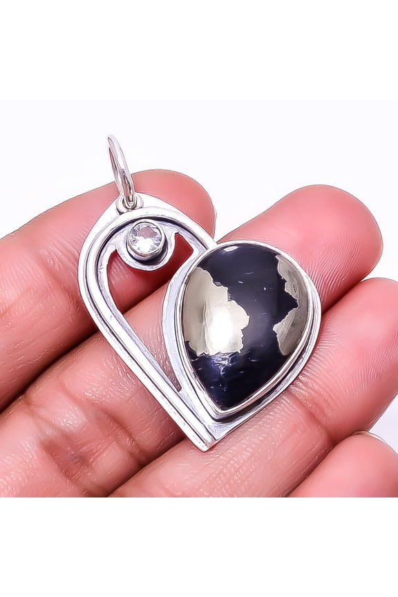 Healer'S Gold Pyrite In Magnetite - Usa 925 Sterling Silver Pendant 1.68" P35, Gemstone Silver Jewelry, New Year Sale, Valentin's Day Gift